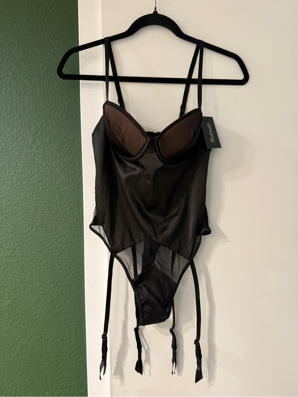 Frederick's of Hollywood Black Satin & Mesh Teddy Bodysuit